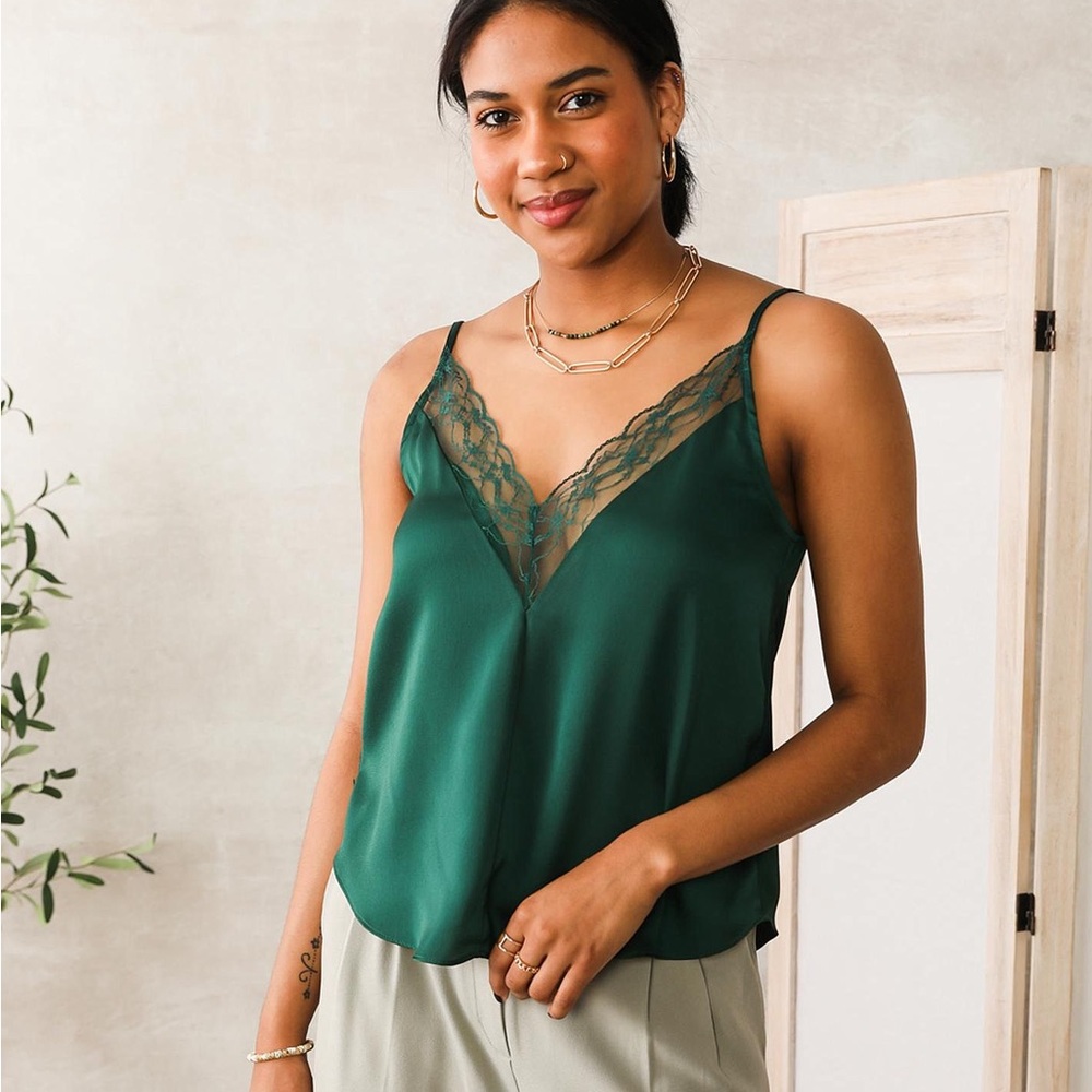 Willow Teal Satin Lace-Trim Camisole